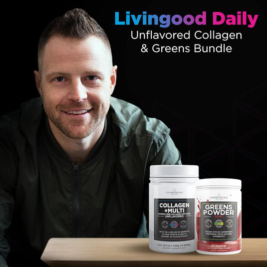 Livingood Daily Unflavored Collagen & Greens Bundle - Combination Of Collagen Powder (Unflavored) And Greens (Berry) With Multivitamins