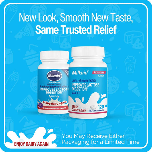 Milkaid Lactase Enzyme Chewable Tablets For Lactose Intolerance Relief, Prevents Gas, Bloating & Diarrhoea, Gluten Free & Vegan, Rasberry, 120 Count