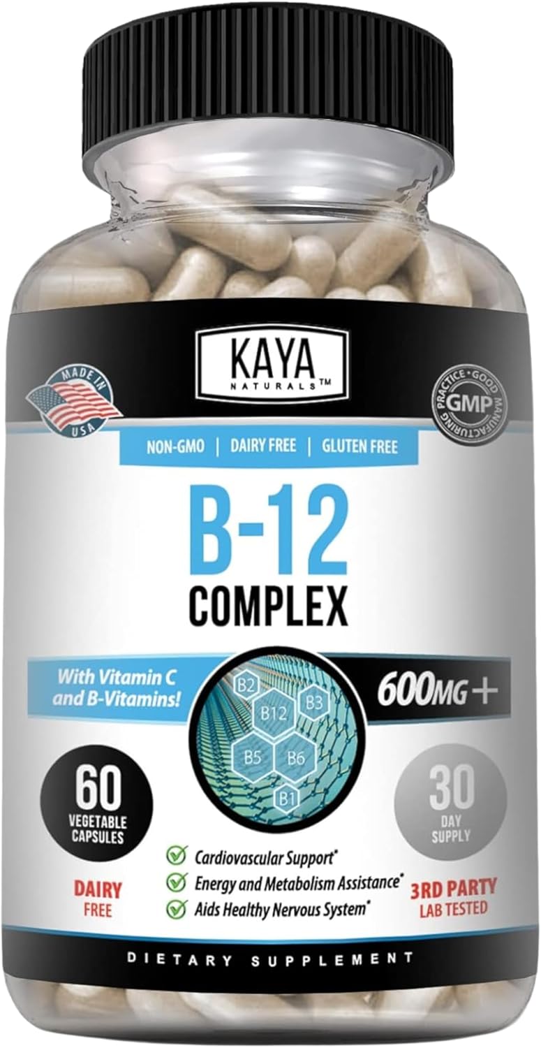 Kaya Naturals B-12 Complex | Multivitamin Supplement For Women & Men | Energy And Metabolism Booster | Vitamin Supplement With Biotin, Choline, Inositol, Folate, And Vitamin C – 60 Count
