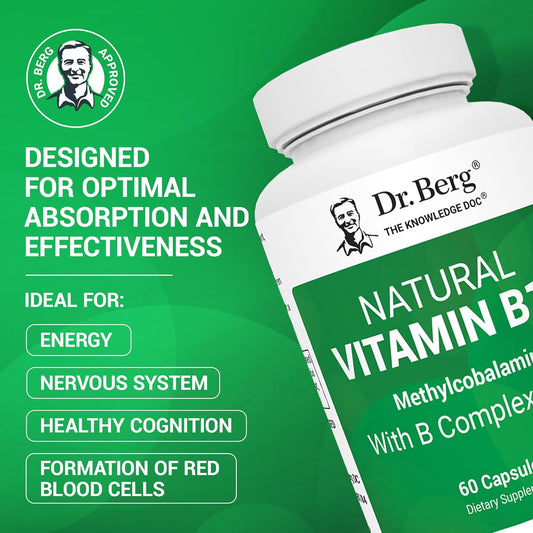 Dr. Berg Natural Vitamin B12 1000 Mcg With B Complex Blend - Methylcobalamin B12 For Energy, Nerve Health, And Cognitive Function* - Methylated B12 With Folate - 60 Capsules (2-Month Supply)
