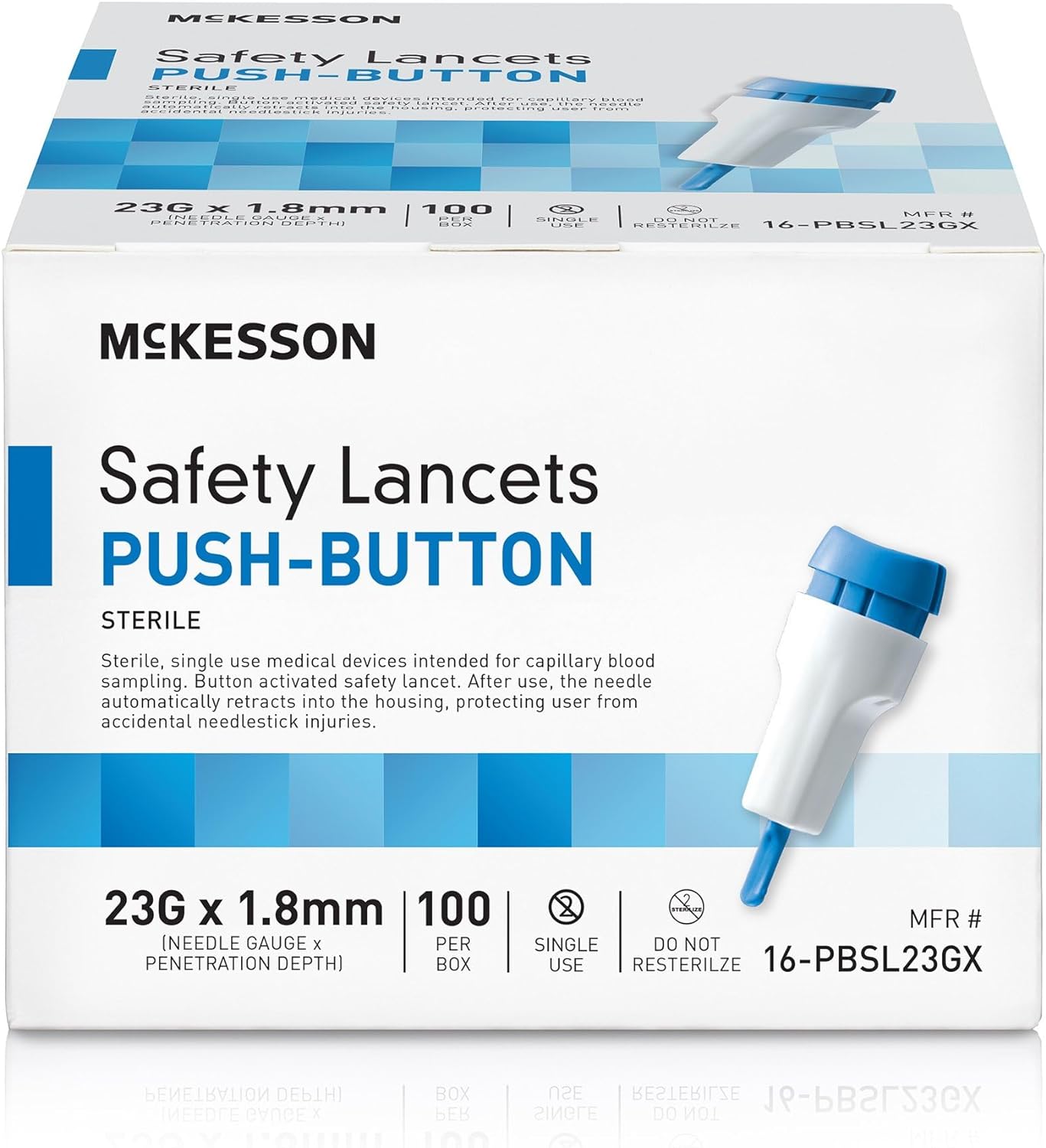 Mckesson Lancets For Diabetes Testing [100 Count] Lancing Device For Blood And Glucose Test, 23G X 1.8 Mm, Push Button Activation, Sterile, Single Use