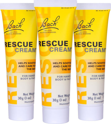 Bach Rescue Cream, Hydrating Skincare For Hands, Body And Face, Shea Butter, Homeopathic Stress Relief Flower Essences, Fragrance-Free, Paraben-Free, 3 Pack, 30G Ea