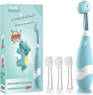 Papablic Toddler Sonic Electric Toothbrush for Ages 1-3 Years, Baby Electric Toothbrush with Cute Dino Cover and Smart LED Timer, 4 Brush Heads (Debby)