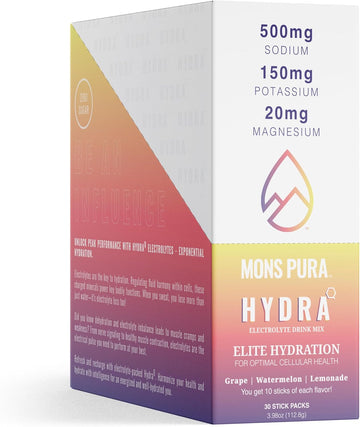 Mons Pura Hydra - Elite Hydration Electrolyte Drink Mix (30 Count, Grape, Watermelon, Lemonade Flavors)
