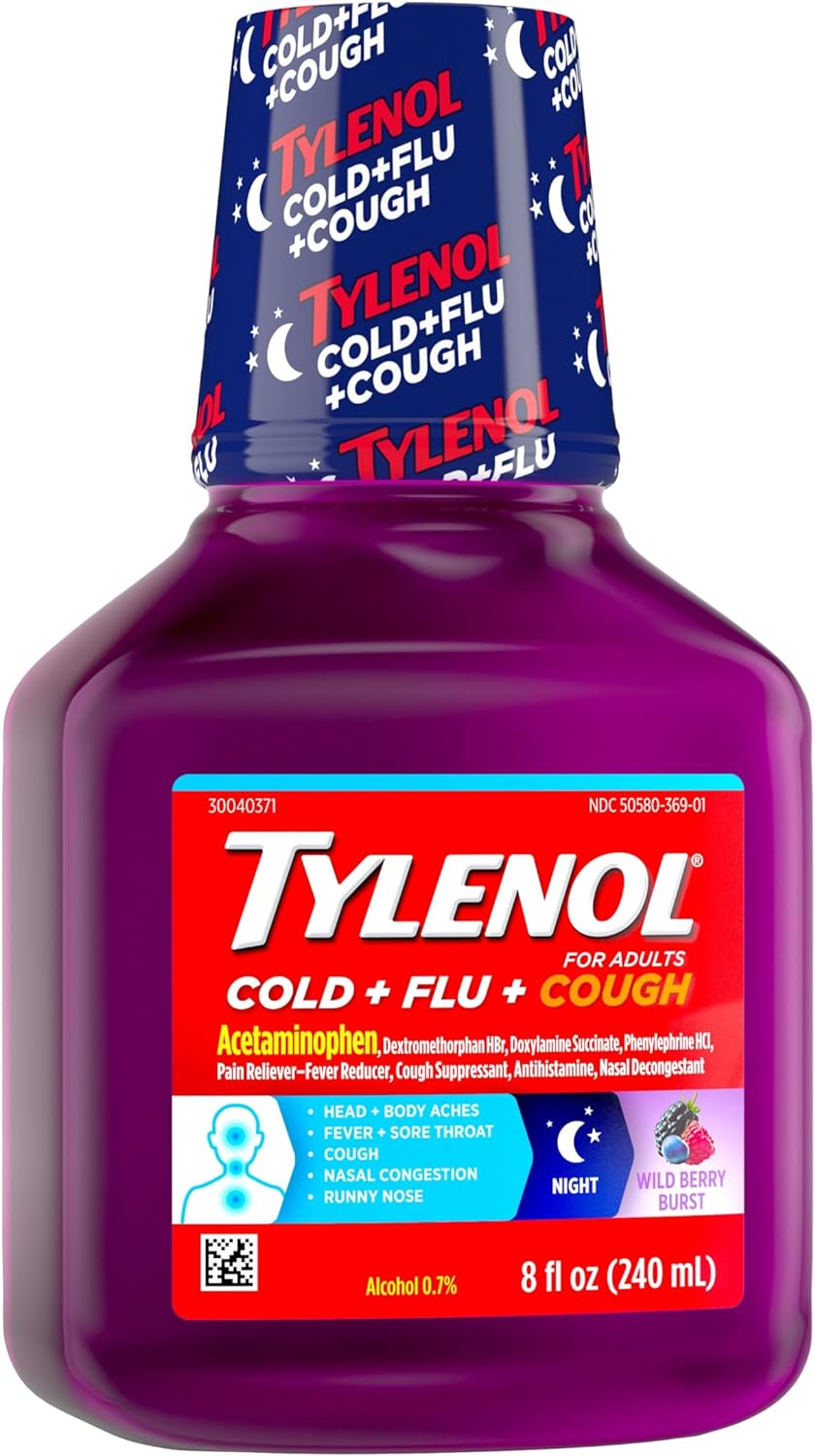 Tylenol Cold + Flu + Cough Night Liquid Medicine with Acetaminophen Pain Reliever & Fever Reducer, Cough Suppressant, Nasal Decongestant & Antihistamine, Wild Berry Burst Flavor, 8 fl. oz : Health & Household