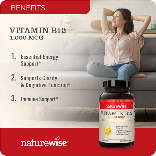 Naturewise Vitamin B12 1000 Mcg - Supplement For Supporting Energy Levels, Mental Clarity, Nervous System Health - Easy-To-Swallow, Soy And Gluten-Free, Non-Gmo - 60 Softgels[2-Month Supply]