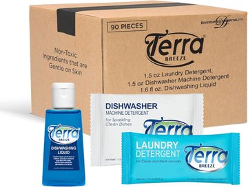Travel Laundry Detergent & Dish Soap | Terra Breeze 1-Shoppe All-In-Kit Bulk Hotel Size Amenities for AirBnB & Rentals | 90 Pcs