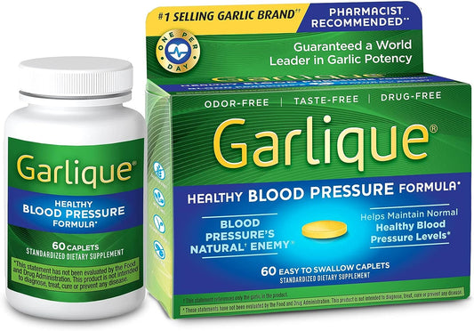 Garlique Garlic Extract Supplement, Healthy Blood Pressure Formula, Odorless & Vegan, 60 Caplets