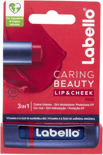 Labello Caring Beauty Lip & Cheek Red 4.8 G Lip And Cheek Lip Balm With A Red Note, Tinted Lip Balm And Blush Stick 2 In 1, Moisturising Lip Balm With Spf 30 Protection