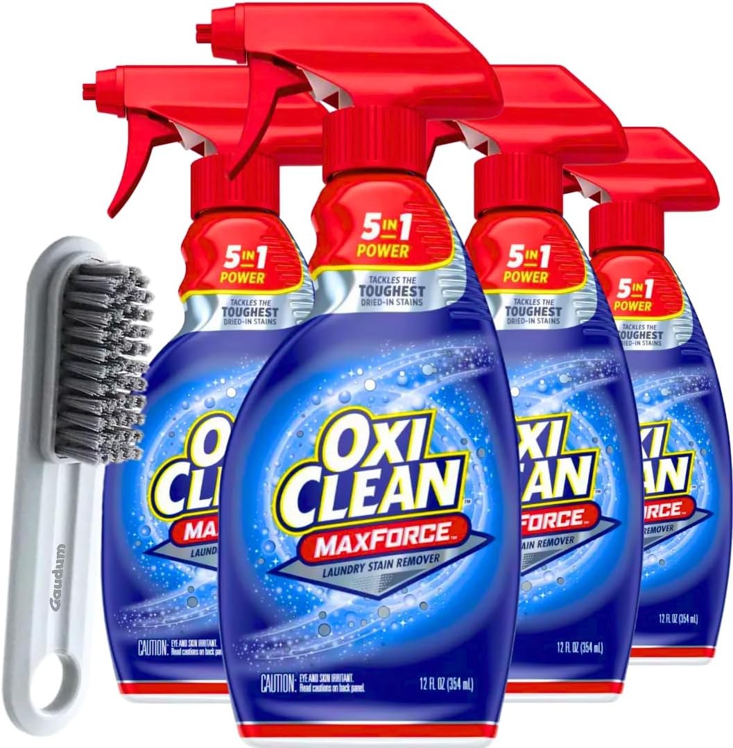 OxiClean Stain Remover Max Force - 12 FL OZ (Pack of 4) - laundry stain remover spray, spray and wash stain remover laundry + 1 Gaudum Laundry Stain Brush