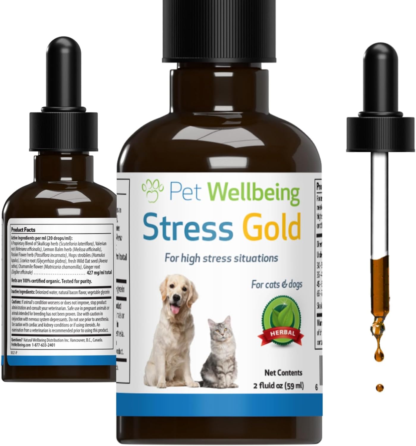 Pet Wellbeing Stress Gold For Cats - Vet-Formulated - Calming And Relaxing Support For High-Stress Situations - Natural Herbal Supplement 2 Oz (59 Ml)