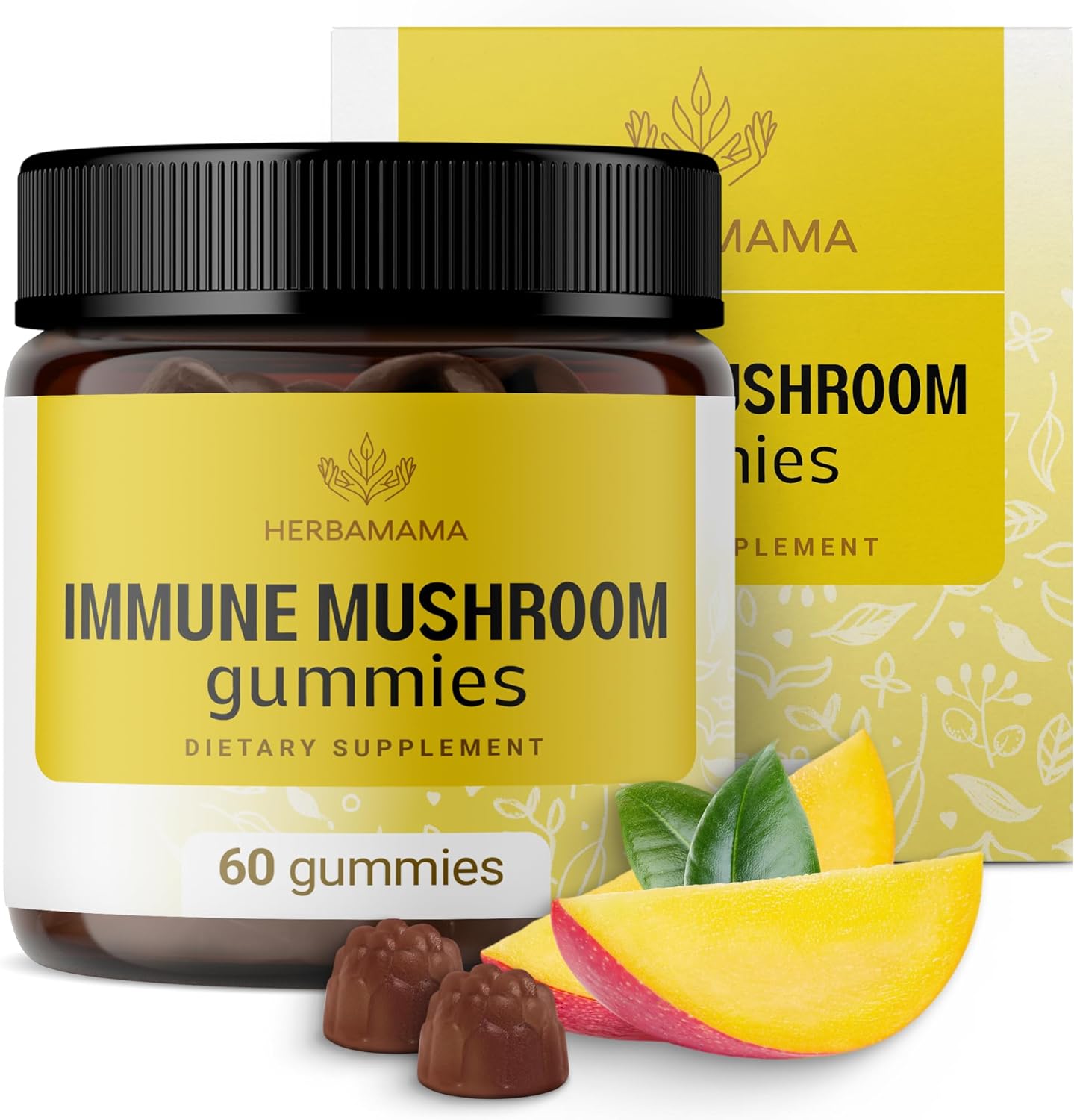 Herbamama Immune Support Mushroom Gummies - Multi Mushroom Complex For Immunity & Energy Support - Vegan, Gelatin-Free, Non-Gmo - 60 Mango-Flavored Immune Defense Chews