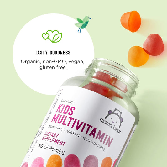 Mama Bear Organic Kids Multivitamin, 60 Gummies, 1 Month Supply (Packaging May Vary), Berry, Cherry & Orange