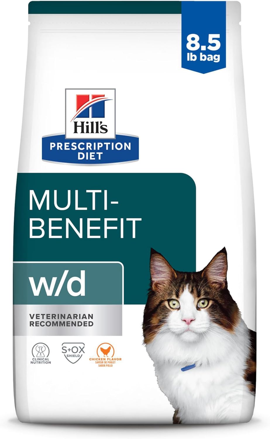 Hill'S Prescription Diet W/D Multi-Benefit Digestive/Weight/Glucose/Urinary Management Chicken Flavor Dry Cat Food, Veterinary Diet, 8.5 Lb. Bag