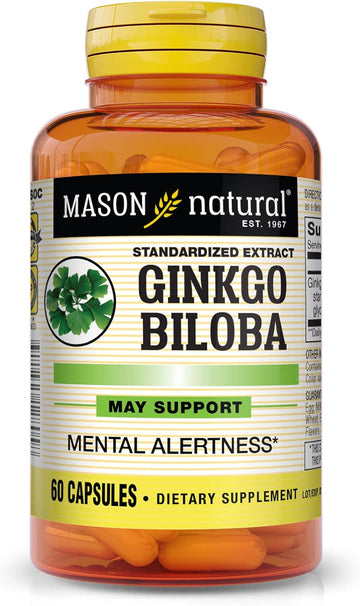MASON NATURAL Ginkgo Biloba - Improve Mental Alertness, Supports Optimal Brain Function, Herbal Supplement, 60 Capsules