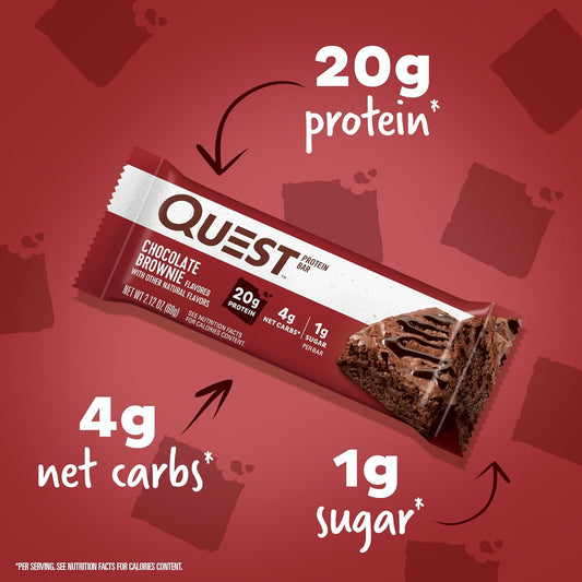 Quest Nutrition Chocolate Brownie Protein Bar, 20G Protein, 1G Sugar, 4G Net Carb, Gluten Free, Gluten Free, 12 Count