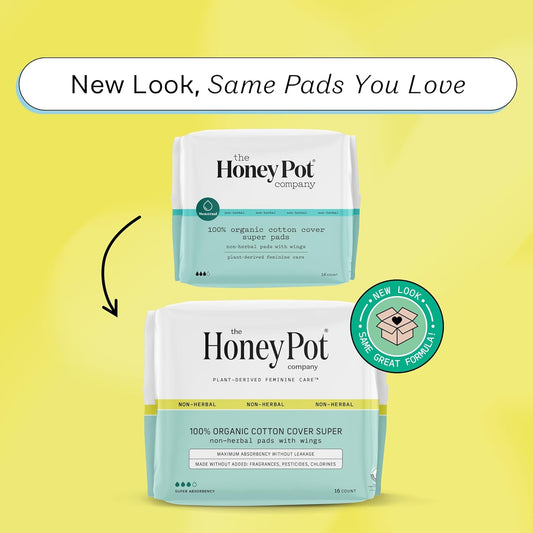 The Honey Pot Company - Pads For Women - Non-Herbal Super Pads W/Wings - Organic Pads For Women - Cotton Cover, & Ultra-Absorbent Pulp Core - Sanitary Pads - Feminine Care - Fsa Eligible - 16 Ct