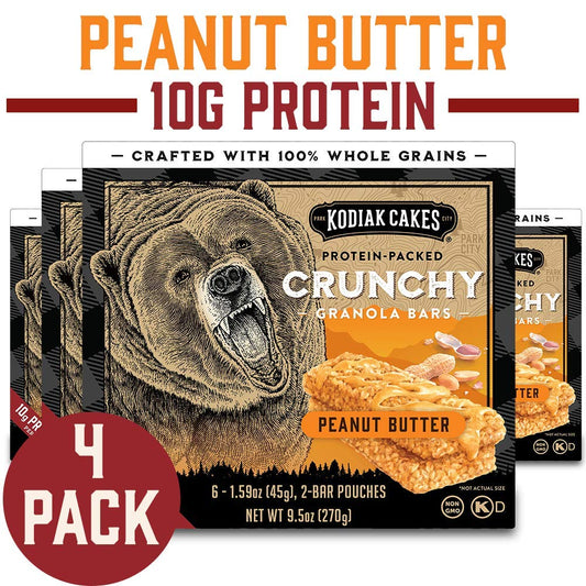 Kodiak Cakes Protein Crunchy Granola Bar, Peanut Butter, (Pack of 4 Boxes)