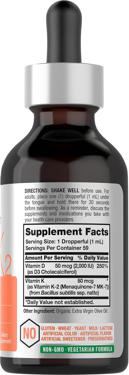 Horbäach Vitamin D3 + K2 Liquid Drops | With Mk7 | 2 Fl Oz | Vegetarian | Non-Gmo, Gluten Free Supplement