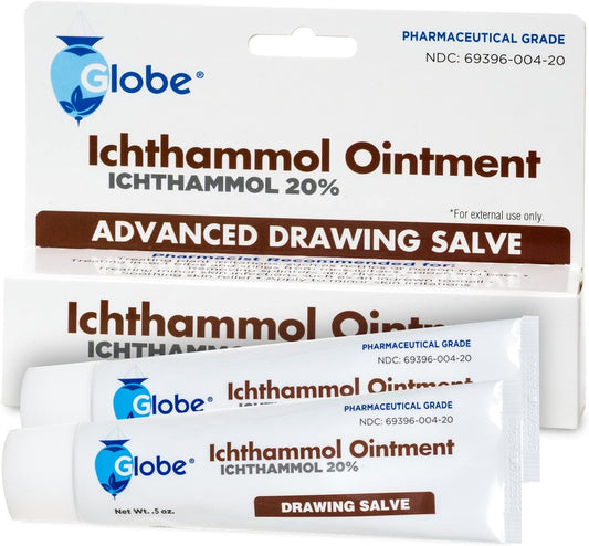 Globe Ichthammol Ointment 20% (Drawing Salve) 1 Oz - Soothing Skin Relief, Treatment Of Eczema, Acne, Boils, Splinters, Bee Stings - Maximum Strength (2-Pack)