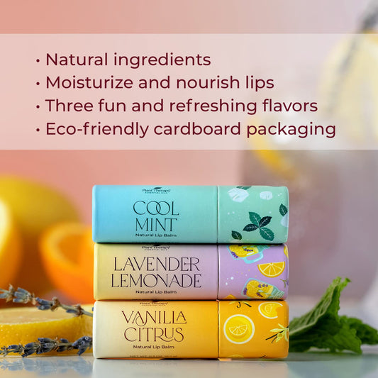 Plant Therapy Love Your Lips Lip Balm Trio Set 0.9 oz (25.5 g) Simple, Natural Ingredients & Packaged in Eco-Friendly Recyclable Cardboard, Refreshing Flavors Including: Lavender Lemonade, Vanilla Citrus, Cool Mint