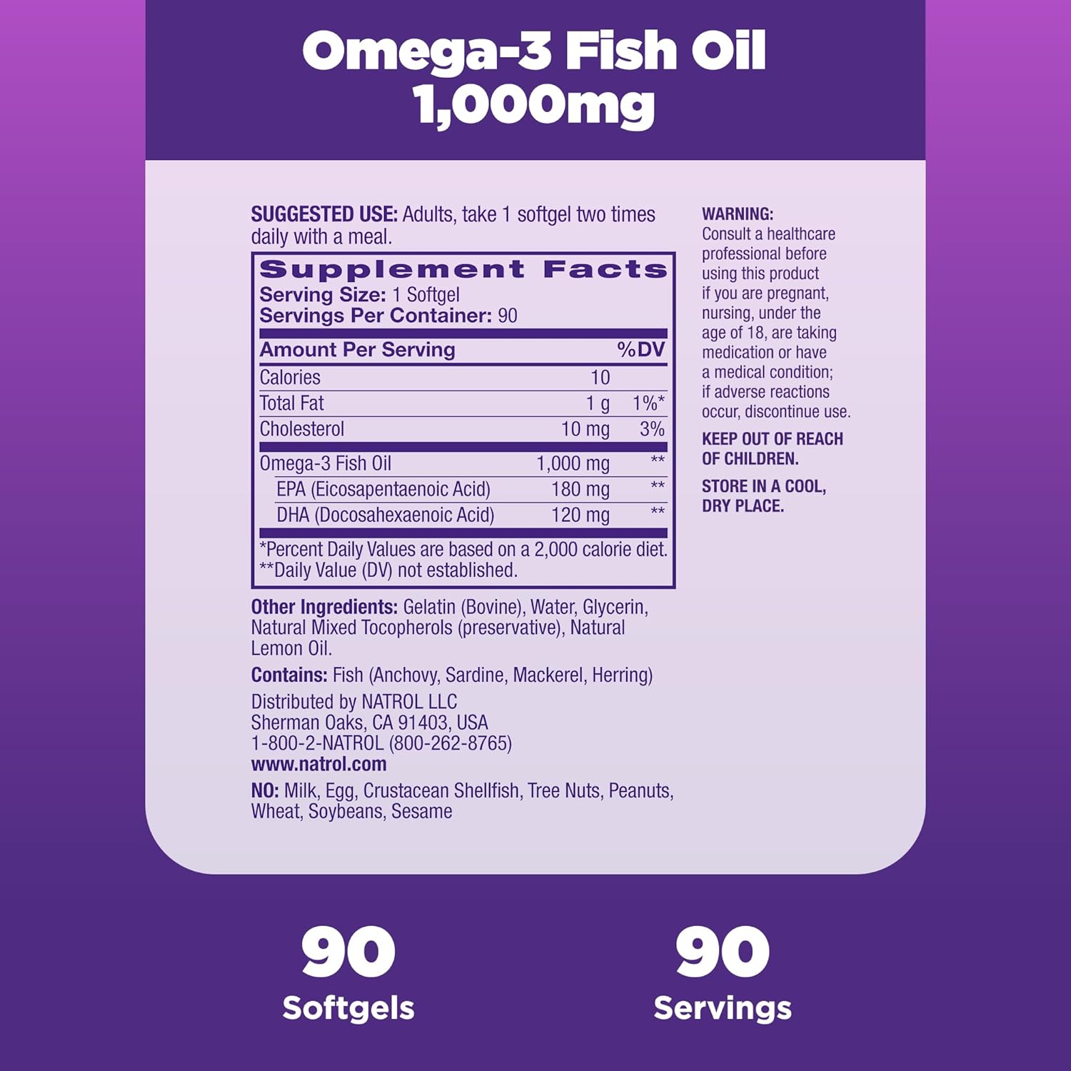 Natrol, Omega-3 Purified Fish Oil Softgels, Heart Health Dietary Supplement, 1000 mg, 90 Count : Health & Household