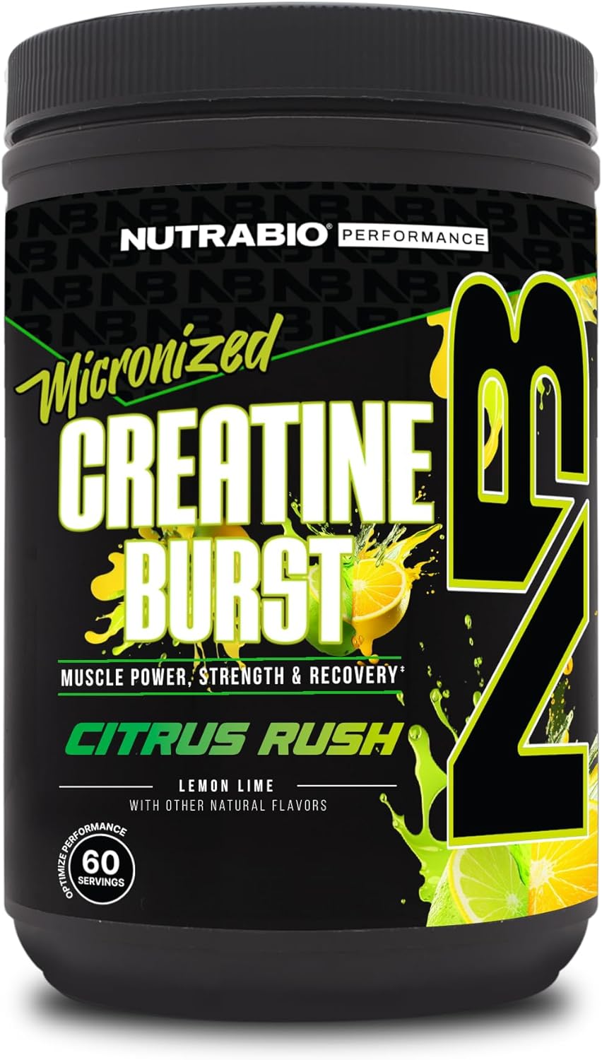 NutraBio Creatine Burst ? Micronized Creatine Monohydrate Powder ? 300 G ? Muscle Growth, Reduce Soreness ? Faster Recovery Time ? 60 Servings Citrus Rush