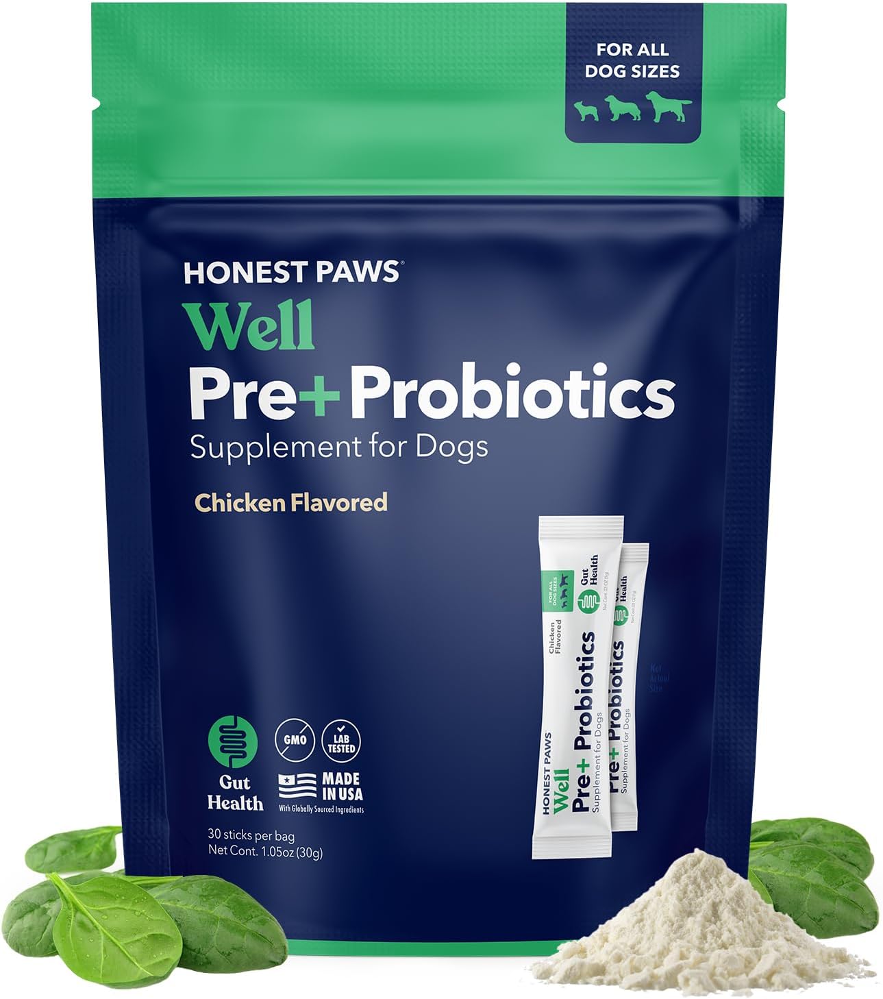 Honest Paws Probiotics for Dogs - Dog Digestion Gut Health Probiotic Powder with Prebiotic Made in The USA, Digestive and Immune Support - Digestive Enzymes with Chicken Flavor (30 Sticks)