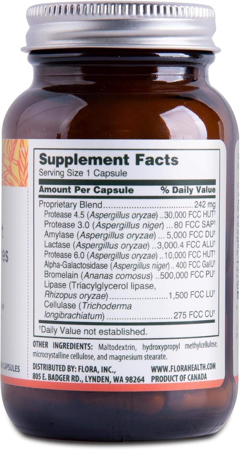 Flora Urgent Support Digestive Enzymes - Digestion Support Supplement - Aids Bloating & Nutrient Absorption - Features 9 Enzymes - Gluten-Free & Non-Gmo - 60 Vegetarian Capsules : Health & Household