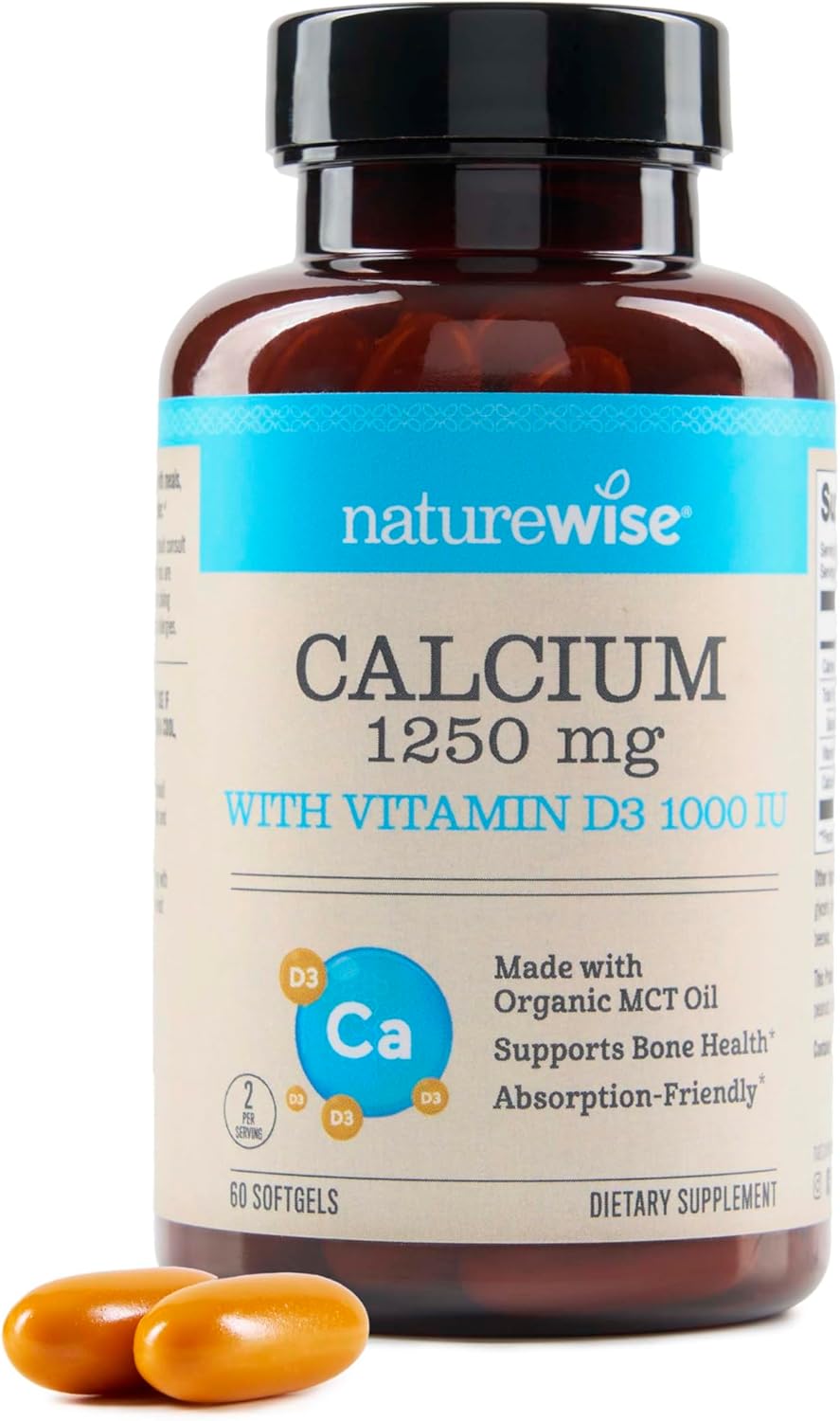 Naturewise Calcium 1250Mg With Vitamin D3 1000Iu - Bone Health And Immune System Supplement - Absorption Friendly, Made With Organic Mct Coconut Oil, Non-Gmo, Gluten Free - 60 Softgels[30-Day Supply]