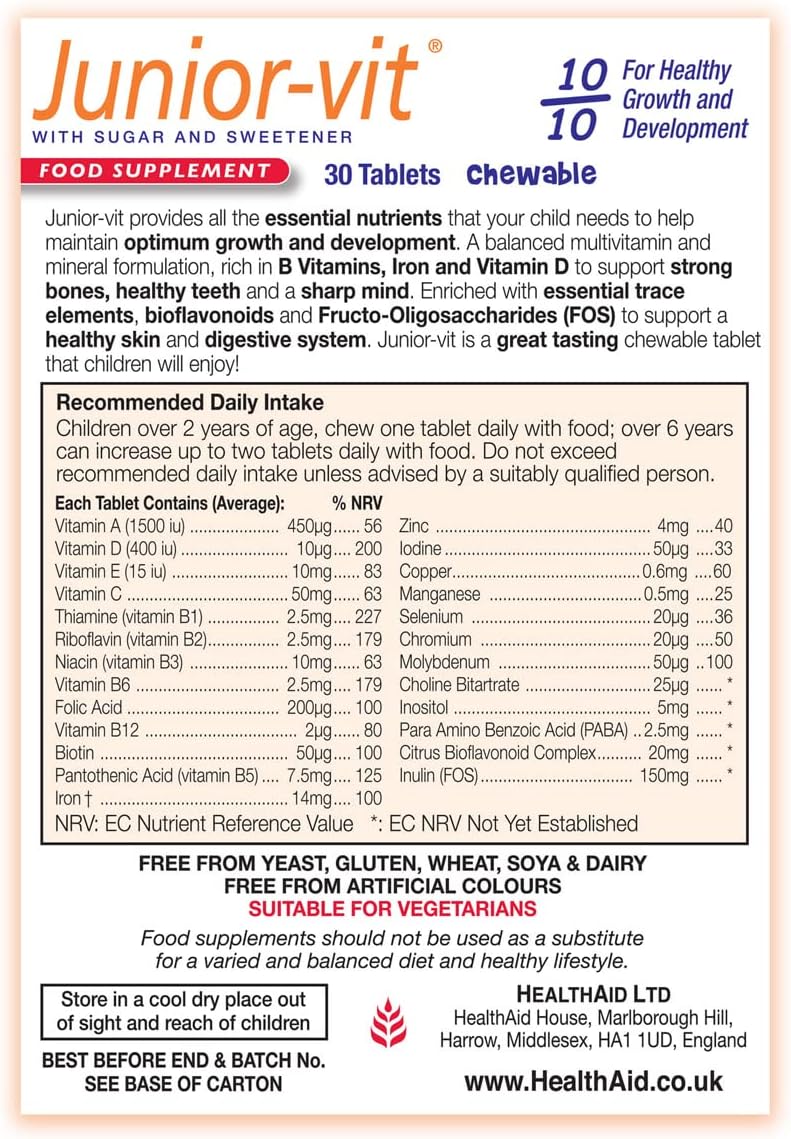 HealthAid Junior-VIT Chewable Multivitamins Pack of 2 x 30 Vegetarian Tablets (60 Tablets) : Amazon.co.uk: Health & Personal Care