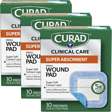 Curad Super Absorbent Wound Pad, Small, 3" X 3", 10 Count, 3 Pack