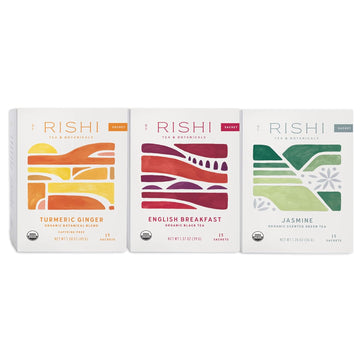 Rishi Tea Turmeric Ginger, English Breakfast & Jasmine Green Tea Bundle - Organic Sachet Tea Bags, Caffeinated & Caffeine Free Herbal Teas - 15 Count (Pack Of 3)