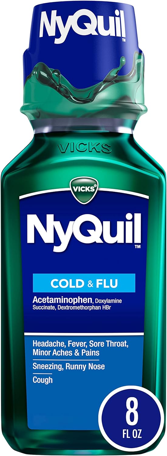 Vicks Nyquil Cold And Flu Relief Liquid Medicine, Powerful Multi-Symptom Nighttime Relief For Headache, Fever, Sore Throat, Minor Aches And Pains, Sneezing, Runny Nose, And Cough, 8 Fl Oz