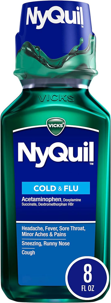 Vicks Nyquil Cold And Flu Relief Liquid Medicine, Powerful Multi-Symptom Nighttime Relief For Headache, Fever, Sore Throat, Minor Aches And Pains, Sneezing, Runny Nose, And Cough, 8 Fl Oz