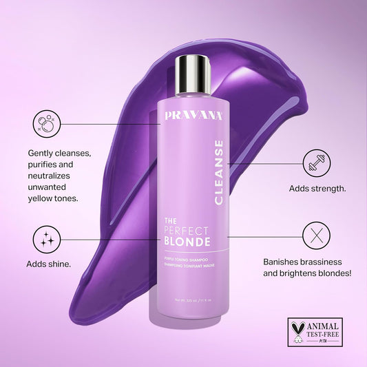 Pravana The Perfect Blonde Purple Toning Shampoo | Neutralizes Brassy, Yellow Tones | For Color-Treated Hair | Adds Strength, Shine, Elasticity