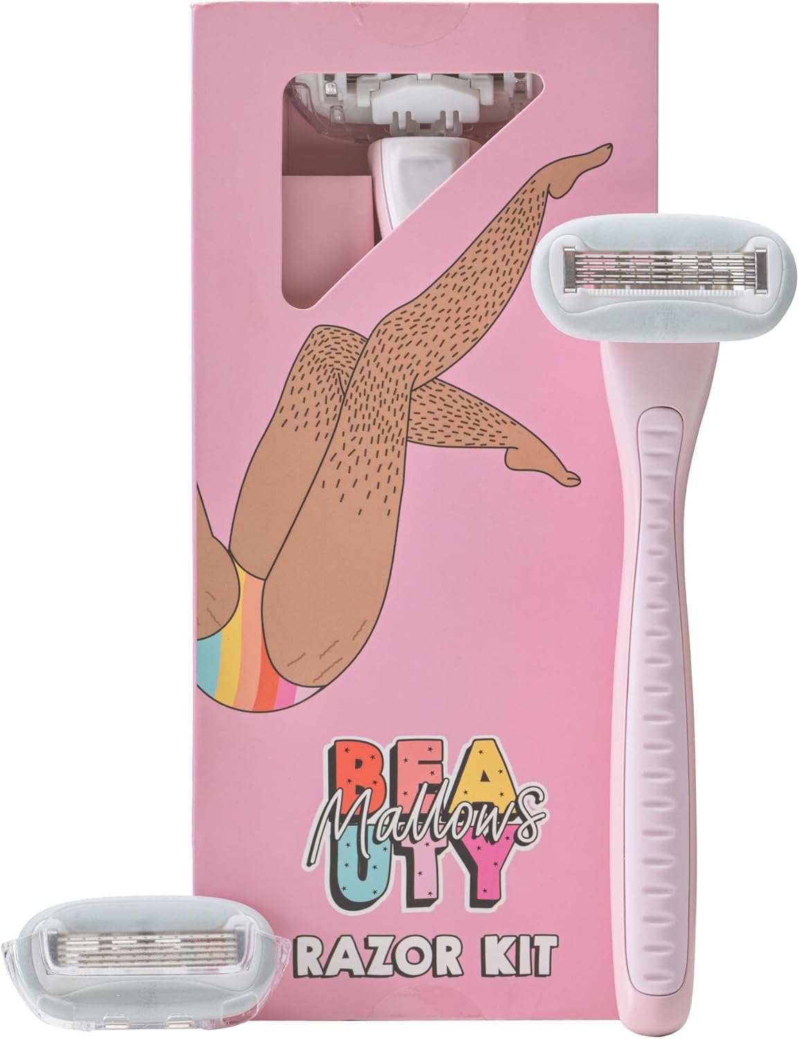 Mallows Beauty Razor Kit, Contains A Razor Handle And 2 Heads With Vegan Lubricating Strips, Aloe Vera And Vitamin E, Razors For Women, Pack Of 2