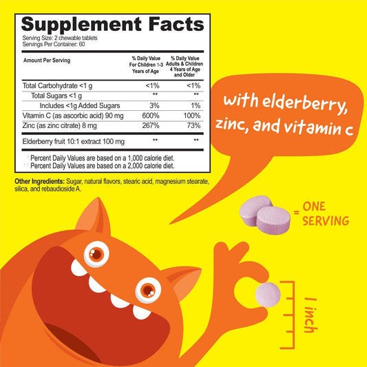 Kids Elderberry With Zinc and Vitamin C - Immune Support Supplement Chewable Tablets - Tasty Natural Mixed Berry Flavor - Vegan, Vegetarian, Gluten Free, Non-GMO, for Children, 120 Chewables