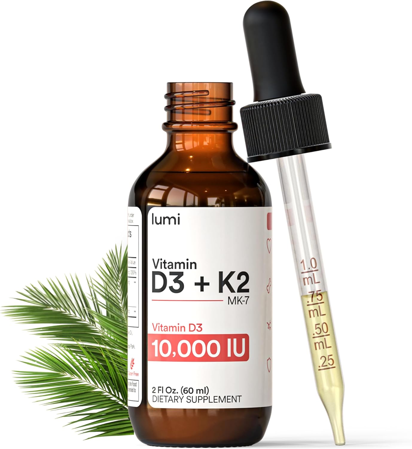Lumi Vitamin D3 K2 Mk7 W Palm Mct Oil - 10000 Iu D3, 200 Mcg K2 Mk7-60Ml Liposomal Absorption Sublingual Liquid Drops - Non-Gmo, Vegan, Unflavored Liquid - Monthly Supply - 2 Fl Oz - (1 Pack)