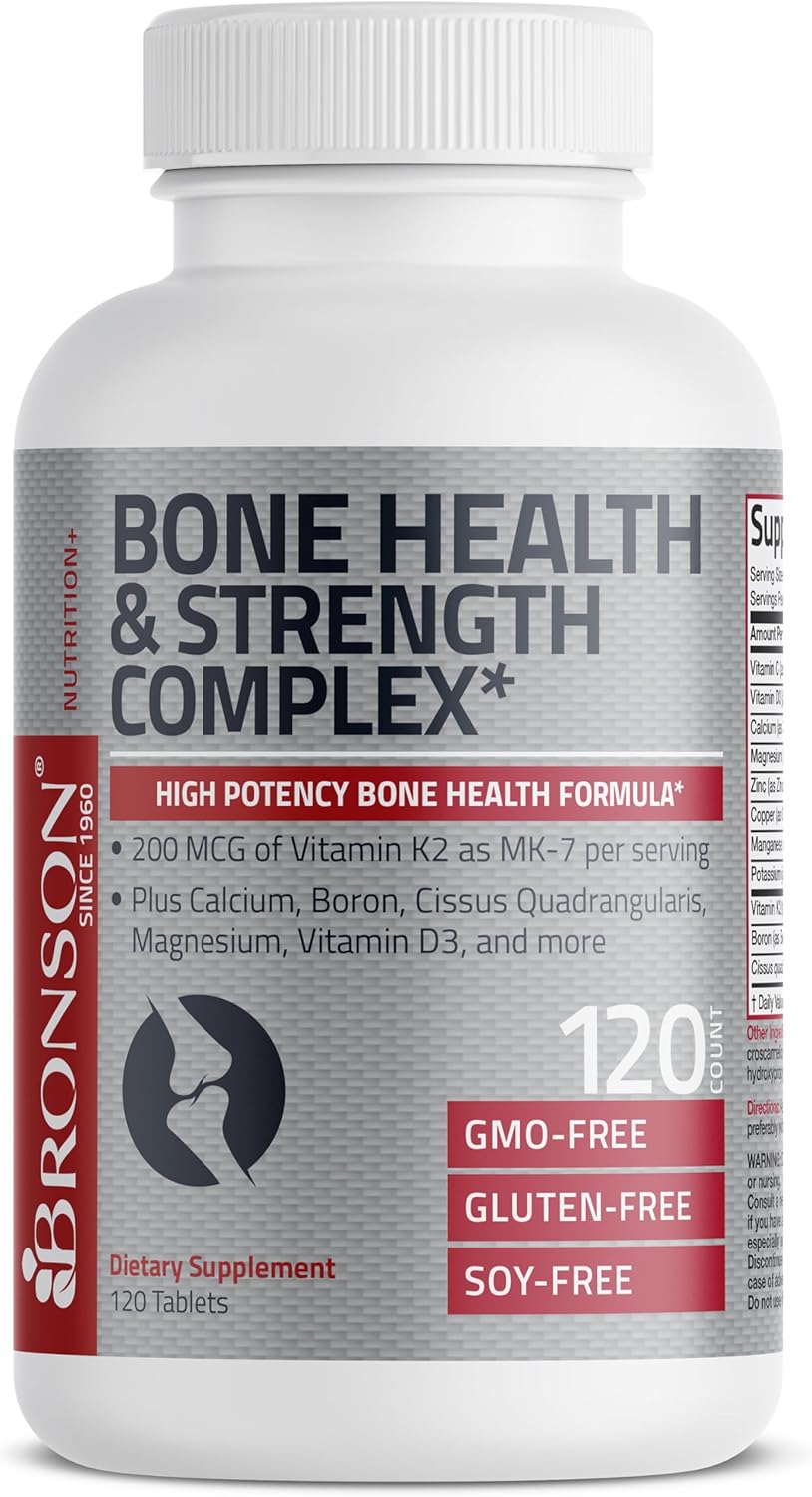 Bronson Bone Health & Strength Complex* High Potency Formula 200 Mcg Of Vitamin K2 As Mk7, Plus Calcium, Boron, Cissus Quadrangularis, Magnesium, Vitamin D3, And More - Non-Gmo