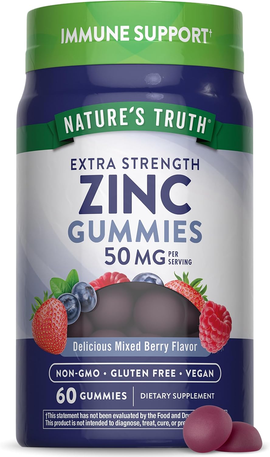 Nature'S Truth Zinc Gummies For Adults | 50 Mg | 60 Count | Vegan, Non-Gmo & Gluten Free Extra Strength Supplement | Mixed Berry Flavor