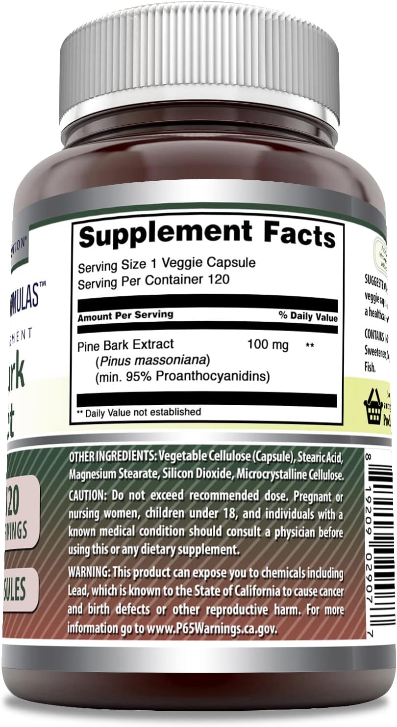 Amazing Formulas Pine bark Extract 100mg 120 Veggie Capsules | Non-GMO | Gluten Free | Made in USA | Suitable for Vegetarians (120 Count)