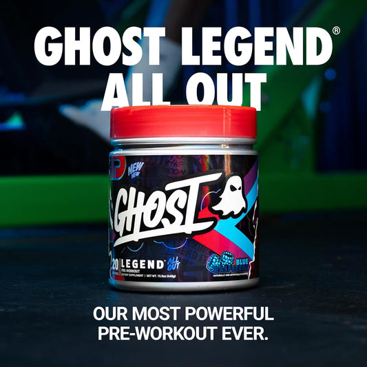 Ghost Legend All Out V2 Pre-Workout Powder, Blue Raspberry - 20 Servings - Pre-Workout Supplement For Men & Women - Energy & Pumps - Caffeine, Citrulline, Beta Alanine, Betaine, No3-T - Sugar Free