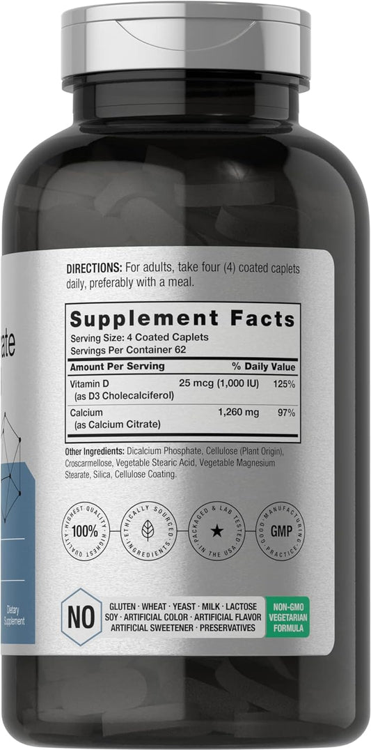 Horbäach Calcium Citrate 1260 mg | with Vitamin D3 1000IU | 250 Caplets | Vegetarian, Non-GMO, Gluten Free Supplement