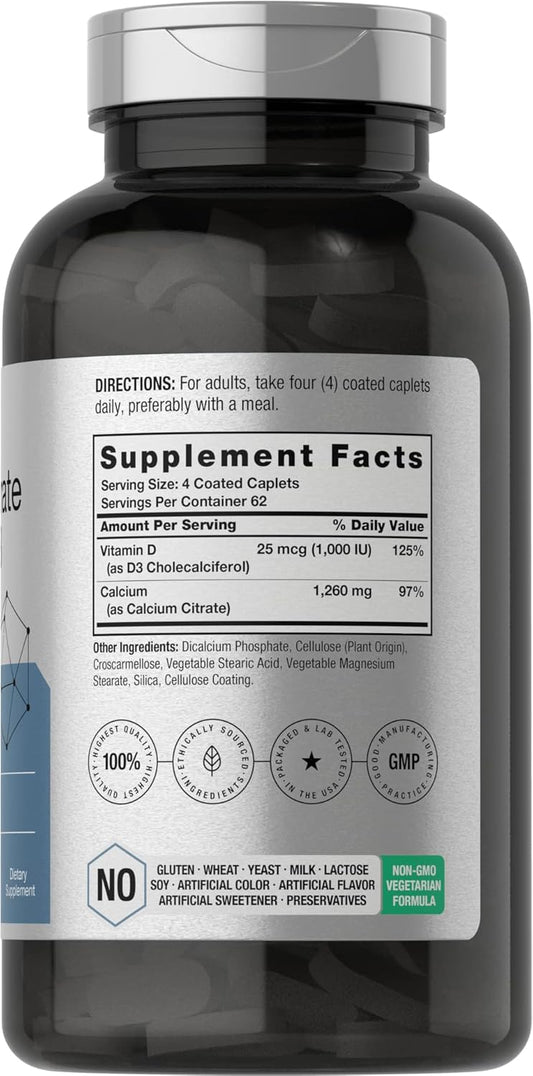 Horbäach Calcium Citrate 1260 Mg | With Vitamin D3 1000Iu | 250 Caplets | Vegetarian, Non-Gmo, Gluten Free Supplement