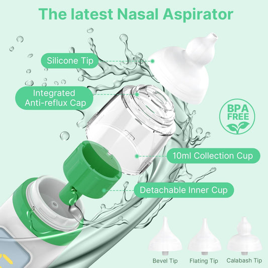 Nasal Aspirator for Baby, Electric Baby Nose Sucker with Adjustable 5 Levels Suction, Baby Nasal Aspirator with Music and Lights, Nose Sucker for Toddler with 3 Tips, Dark Green