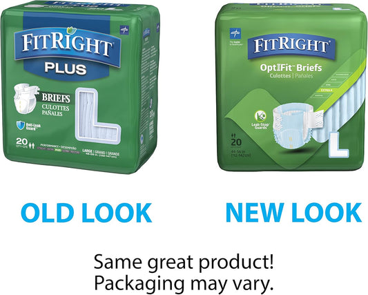 Fitright Optifit Extra+ Adult Diapers With Leak Stop Guards, Disposable Incontinence Briefs With Tabs, Moderate Absorbency, Large, 44"-56", 20 Count (Pack Of 4)