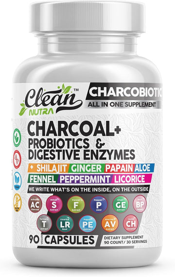 Clean Nutra Activated Charcoal Capsules Shilajit 5000Mg Pills Probiotic 200 Billion + Digestive Enzymes For Digestive Health With Peppermint Fennel Licorice Papain Ginger Turmeric | Gut Health