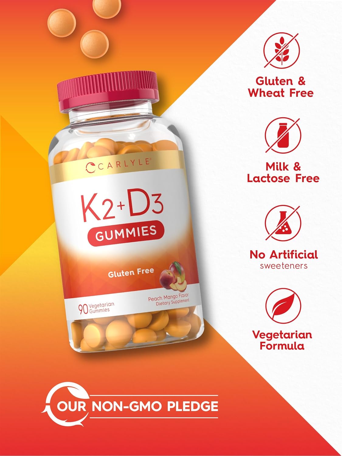 Carlyle Vitamin D3 + K2 Gummies | 90 Count | 5,000 IU of D3 + 100 mcg MK7 | Vegetarian, Non-GMO, and Gluten Free Vitamin Supplement : Health & Household