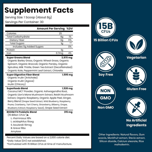 Biohm Super Greens, Green Superfood Powder (8.5 Oz, 30 Servings) Antioxidant Veggie Powder & Smoothie Mix, 34 Superfoods & Spirulina, Digestive Enzymes, Prebiotics And Probiotics, Mixed Berry Flavor